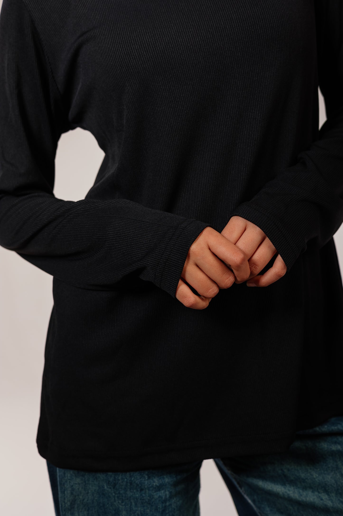 Black Cotton Long Sleeve Top
