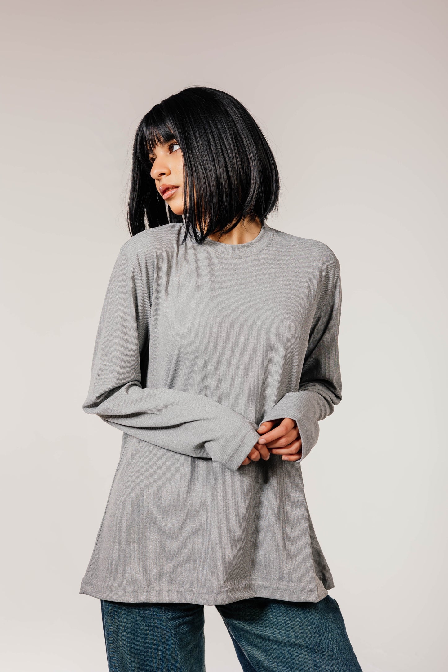 Gray Cotton Long Sleeve Top