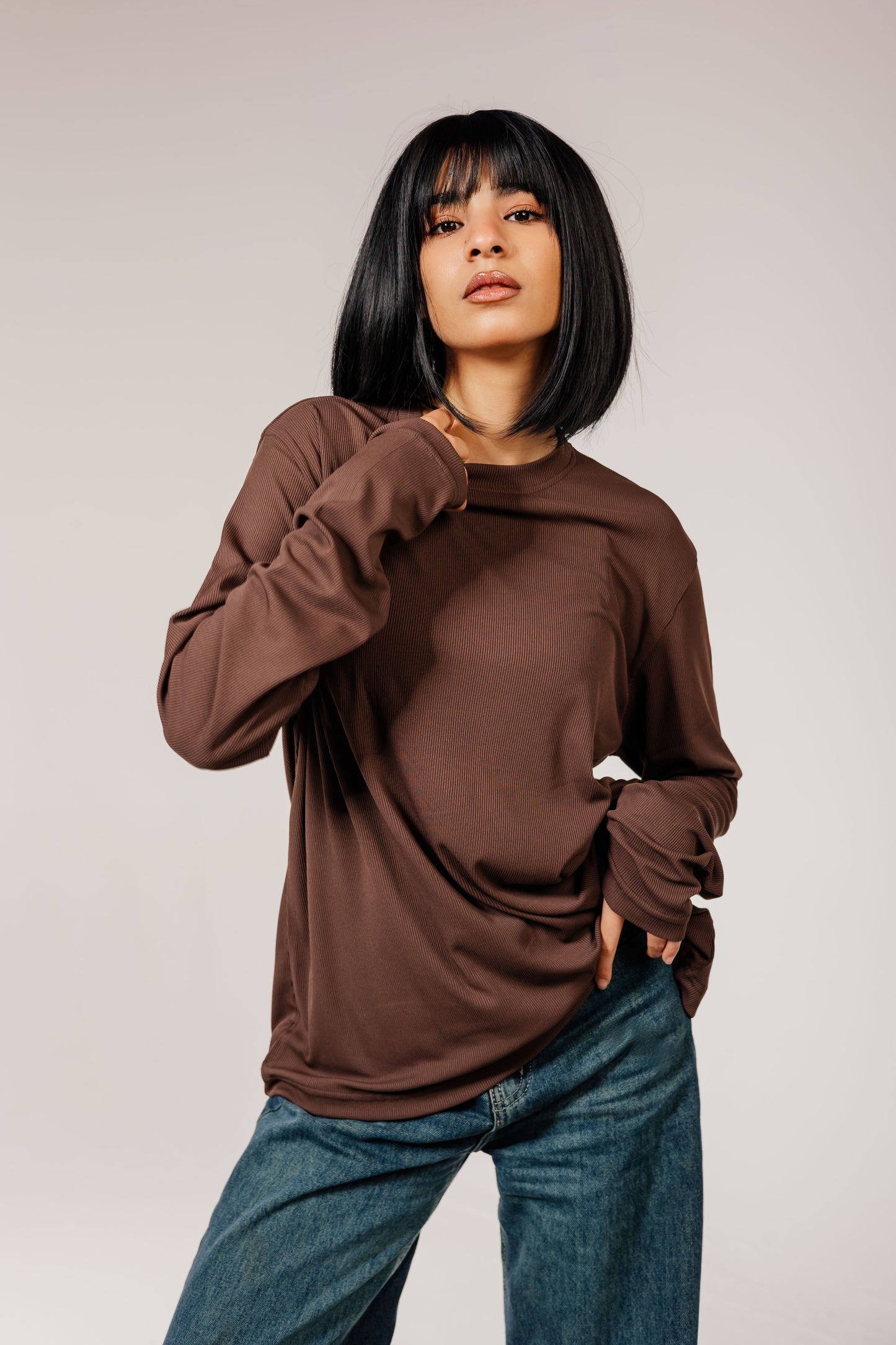 Brown Cotton Long Sleeve Top