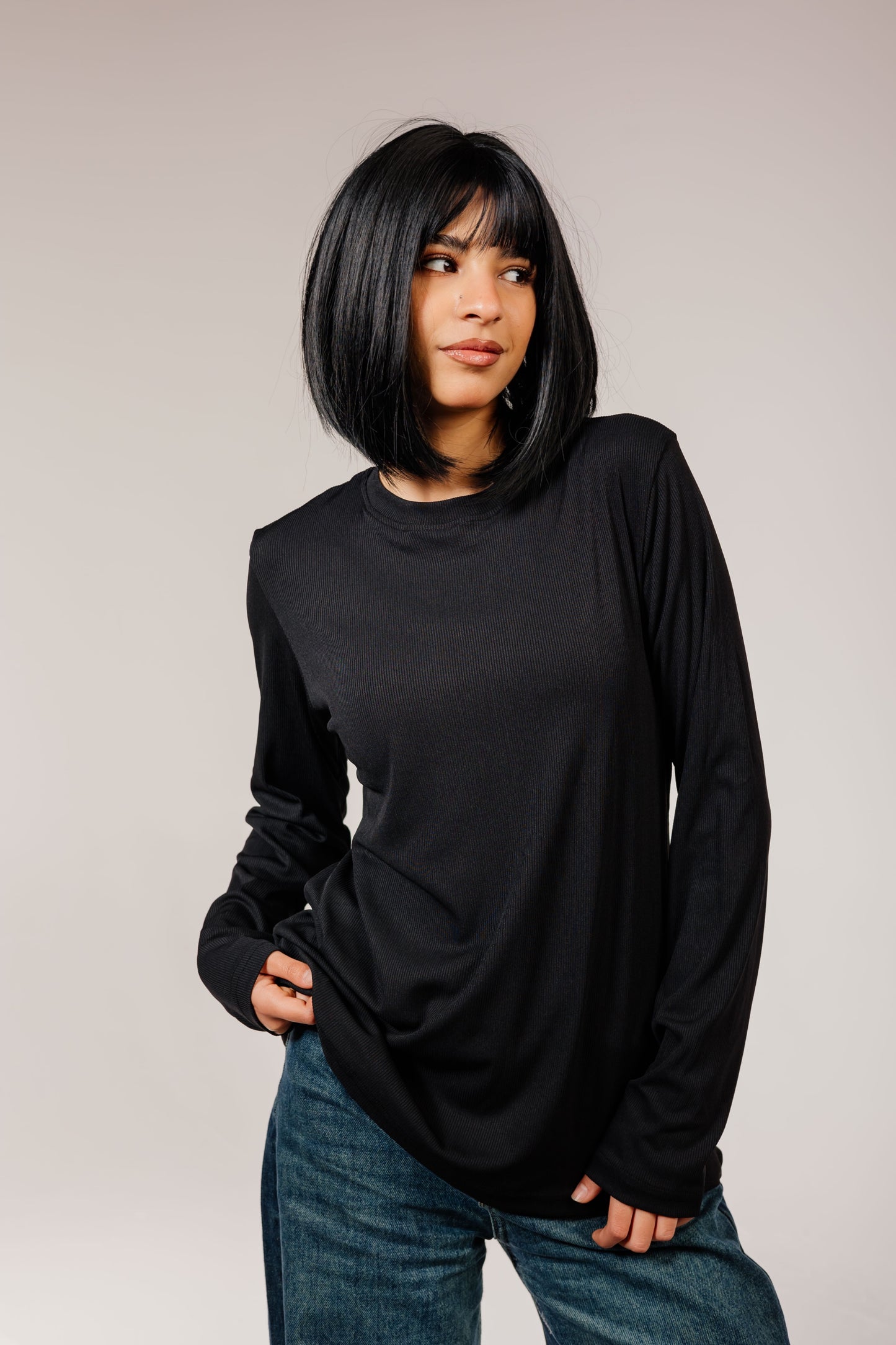 Black Cotton Long Sleeve Top
