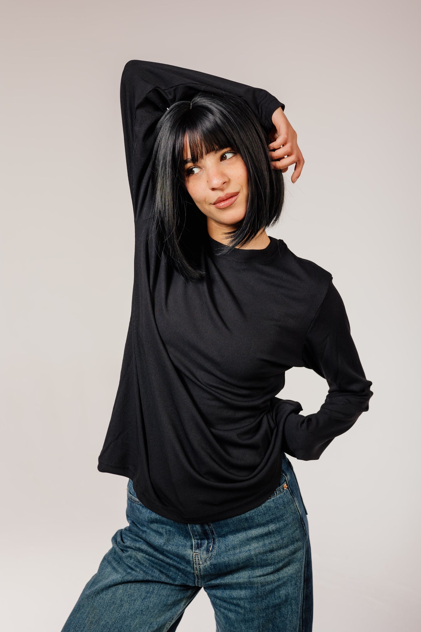 Black Cotton Long Sleeve Top
