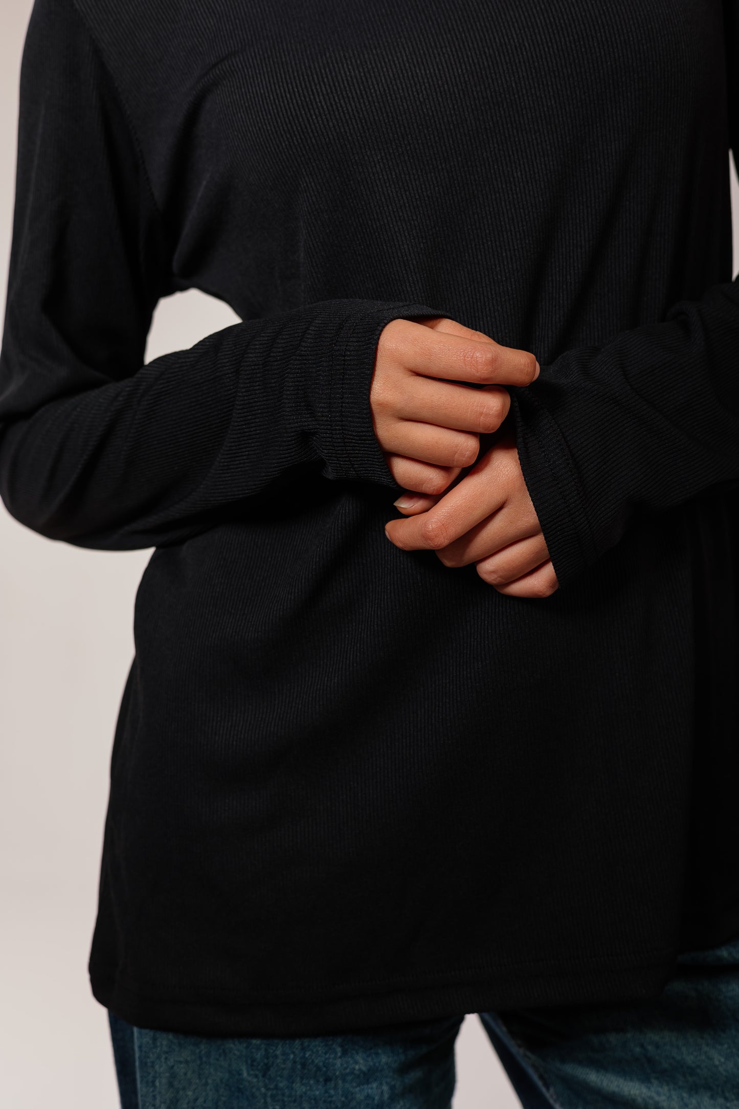 Black Cotton Long Sleeve Top