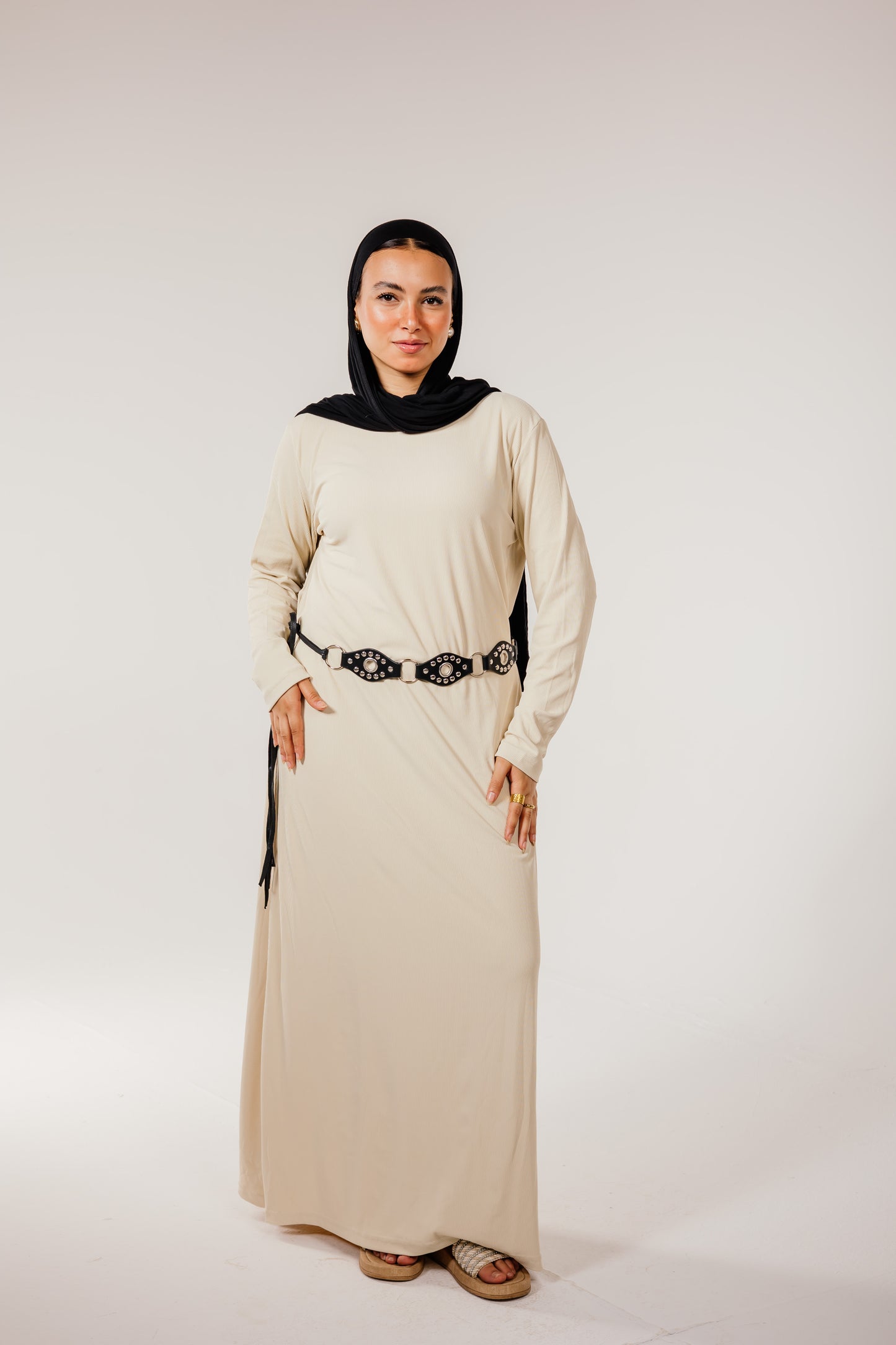 Beige Long Sleeve Basic Dress