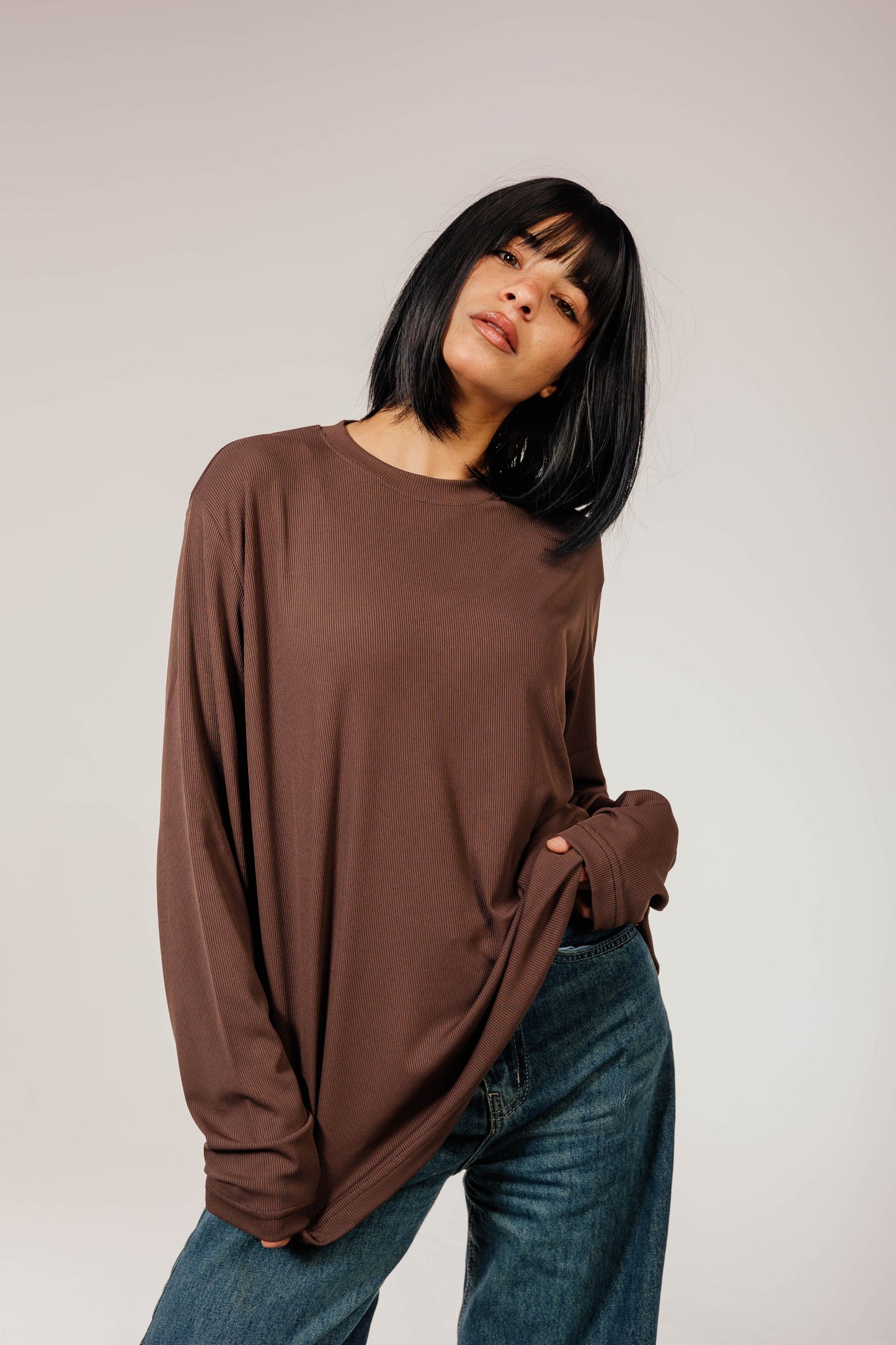 Brown Cotton Long Sleeve Top