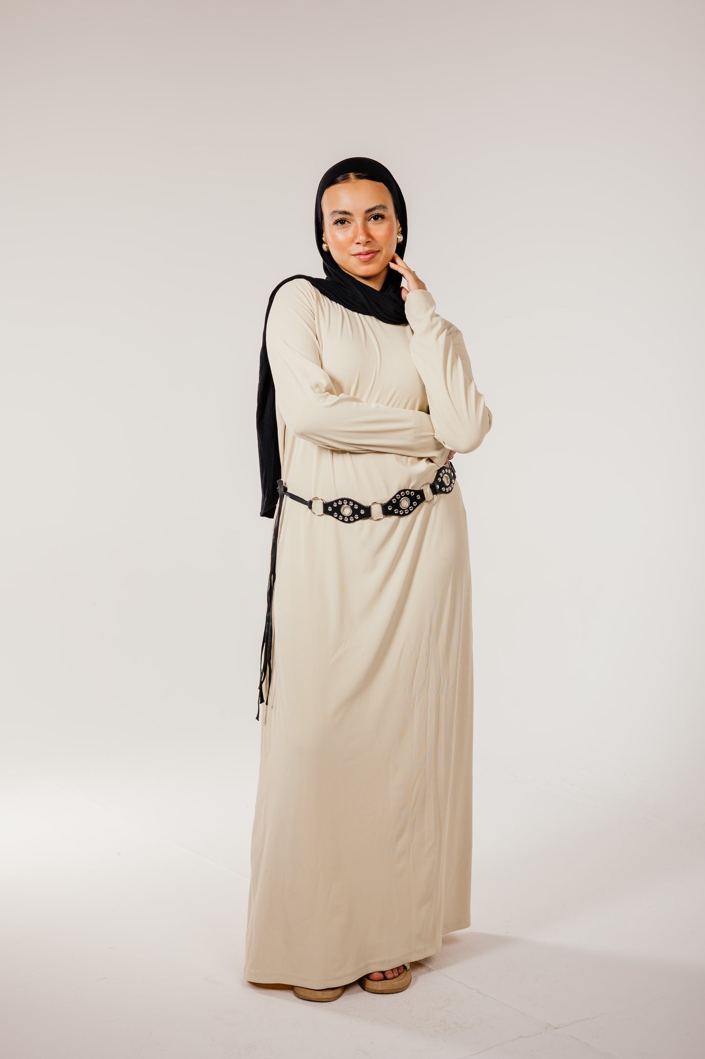 Beige Long Sleeve Basic Dress