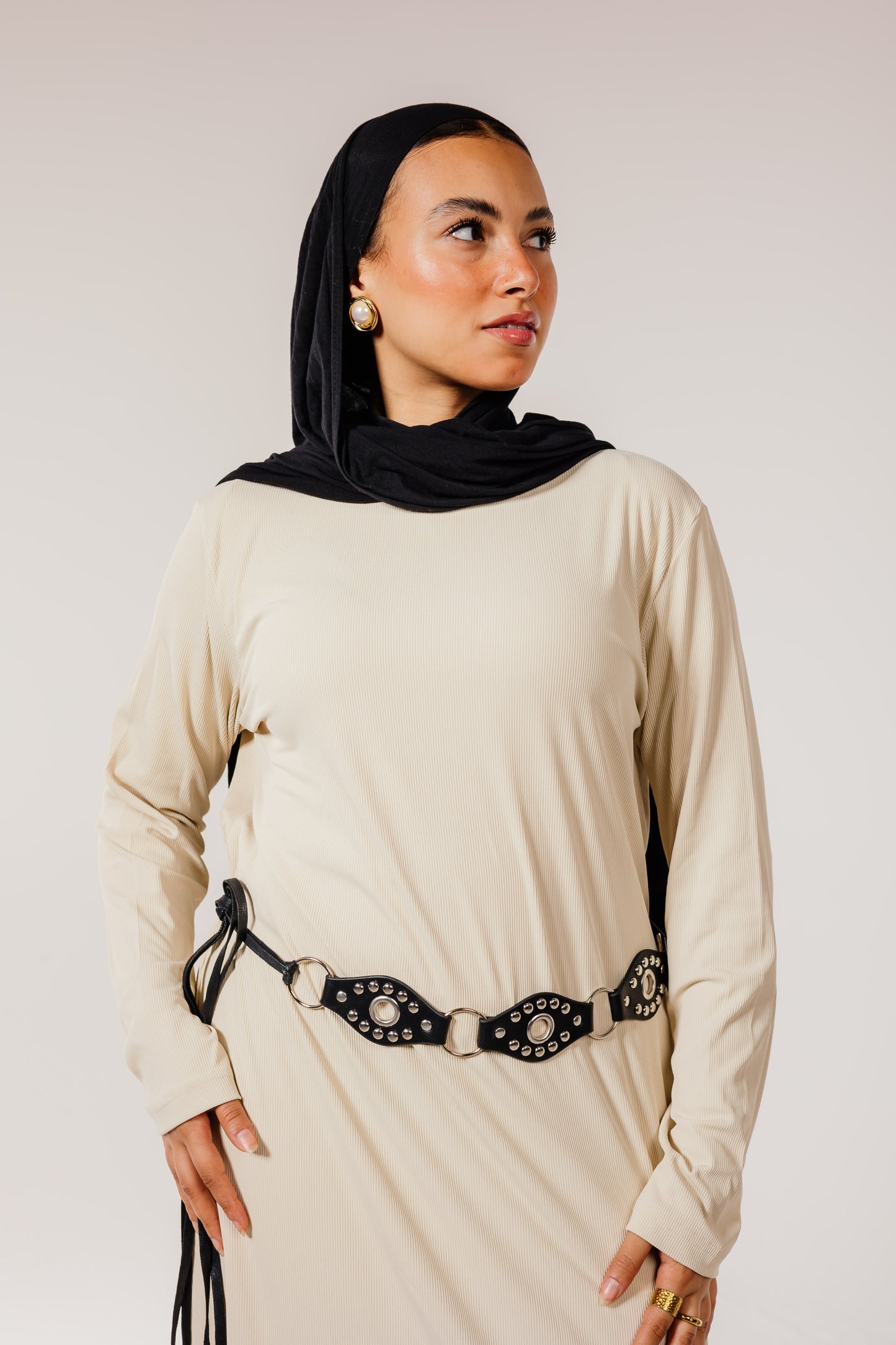 Beige Long Sleeve Basic Dress