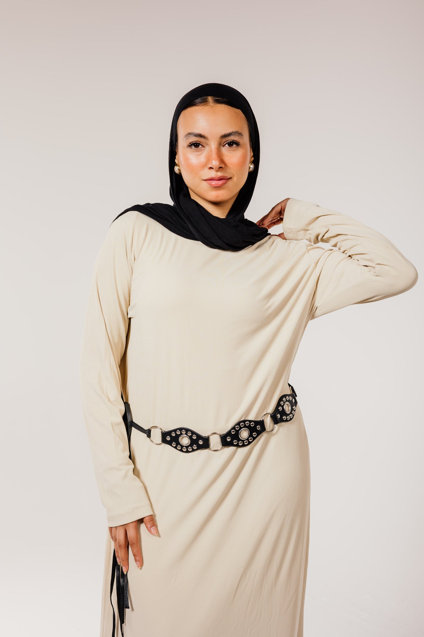 Beige Long Sleeve Basic Dress
