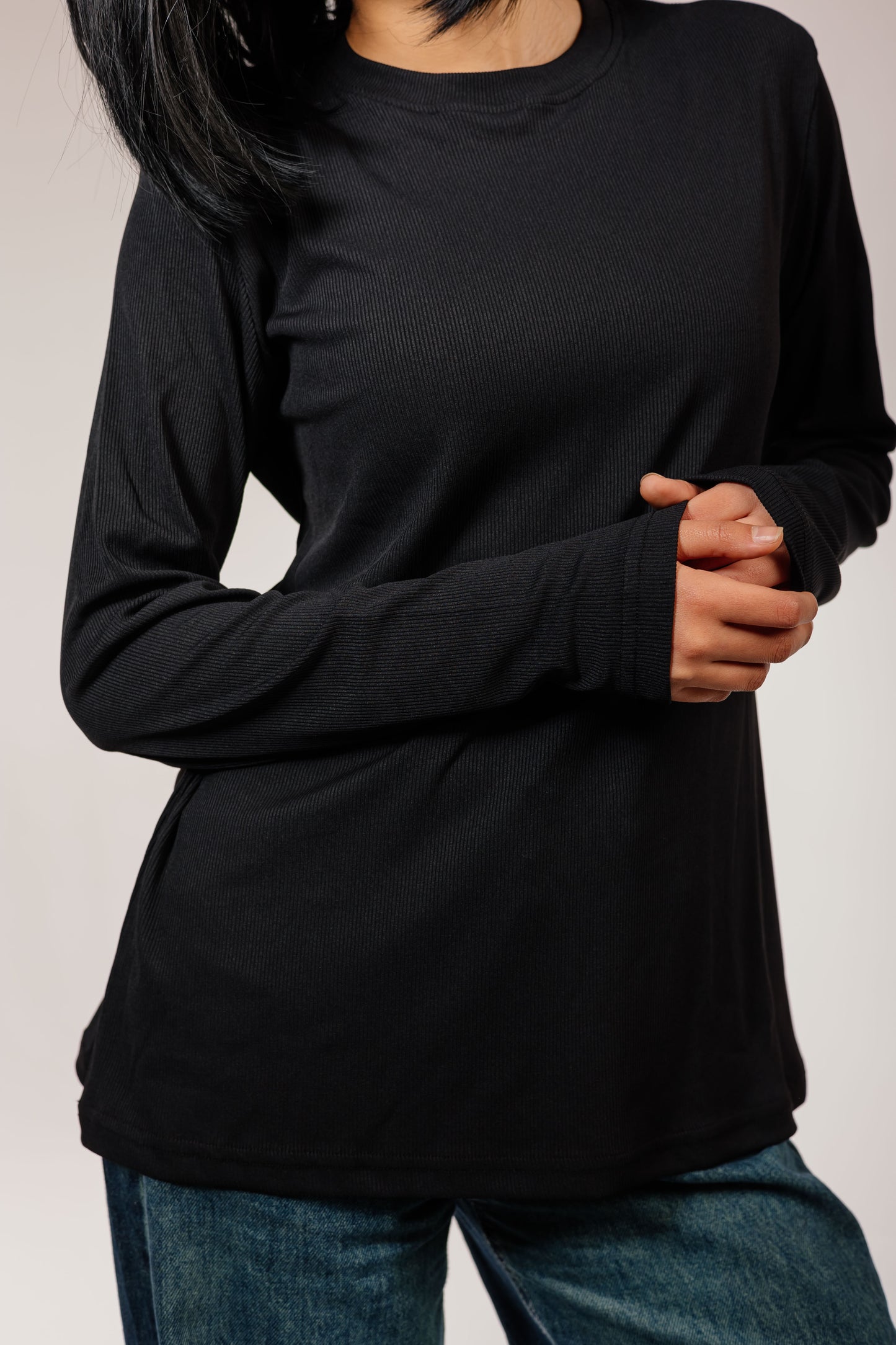 Black Cotton Long Sleeve Top