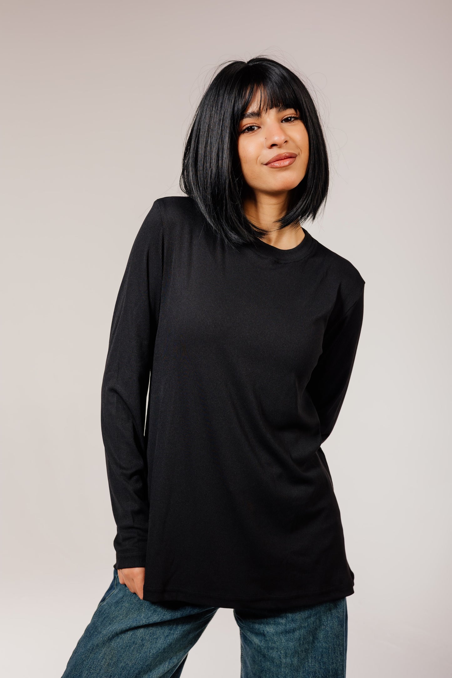 Black Cotton Long Sleeve Top