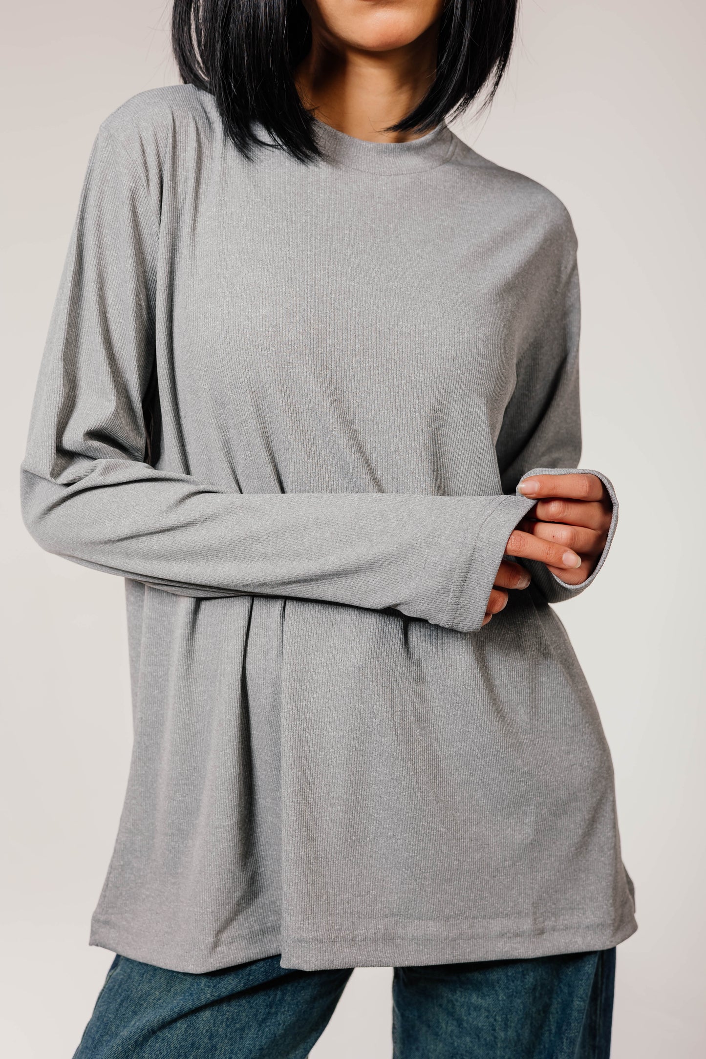 Gray Cotton Long Sleeve Top