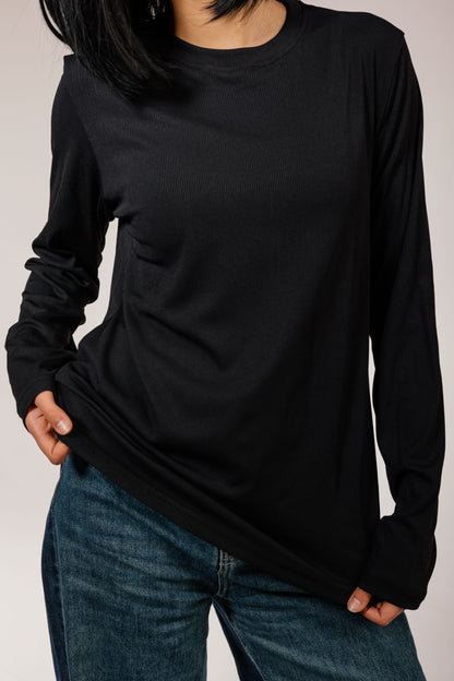 Black Cotton Long Sleeve Top