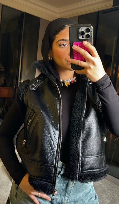 Sleek black Cut Leather Jacket - black