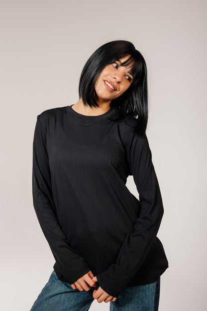 Black Cotton Long Sleeve Top