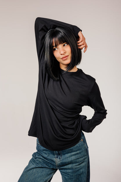 Black Cotton Long Sleeve Top