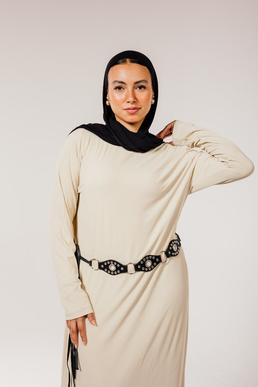 Beige Long Sleeve Basic Dress