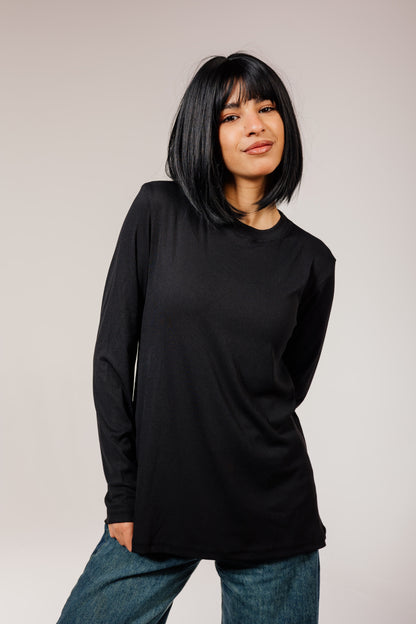Black Cotton Long Sleeve Top