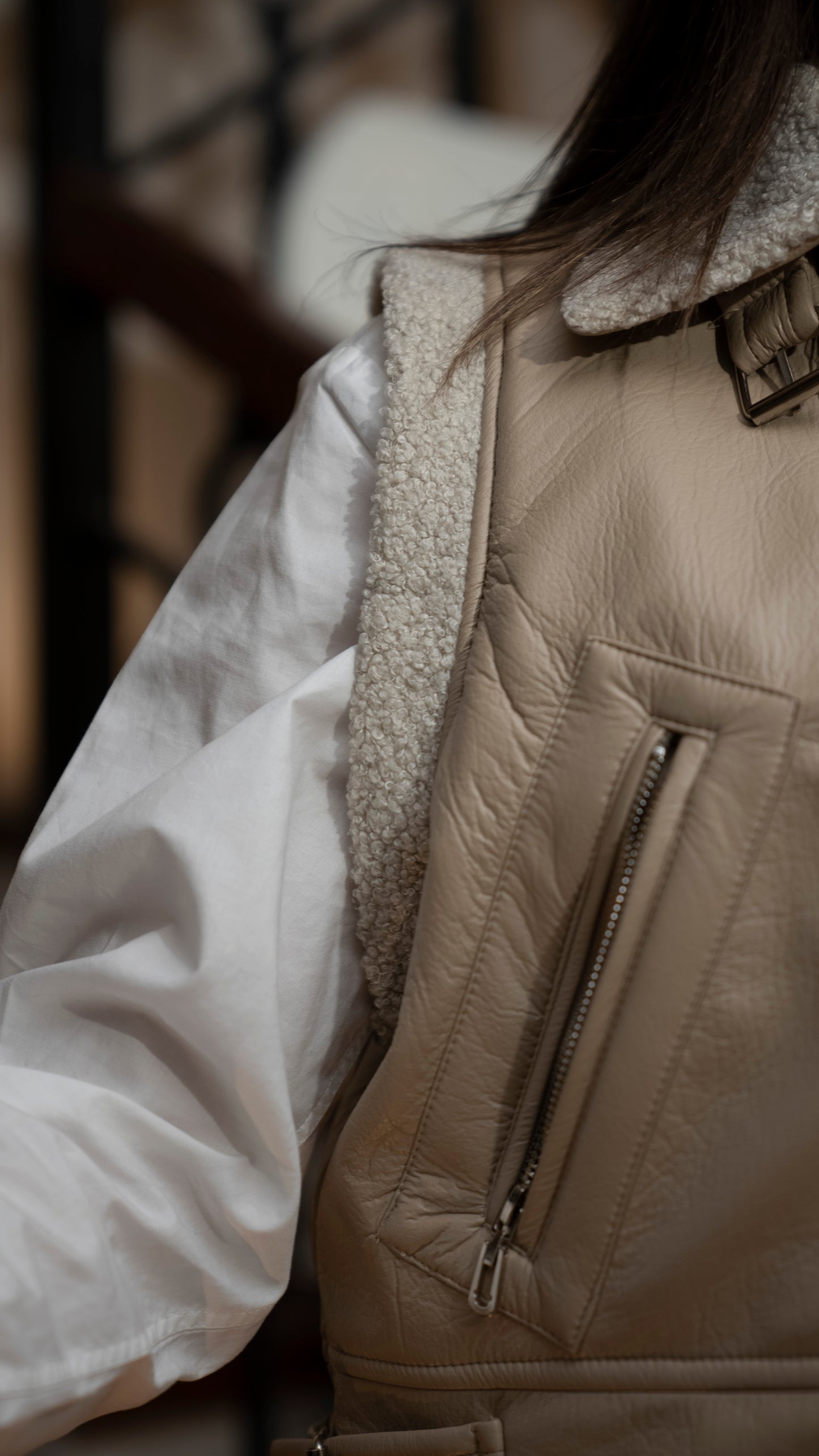 Almond beige cut leather jacket - beige