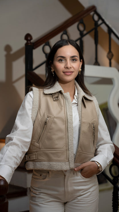 Almond beige cut leather jacket - beige